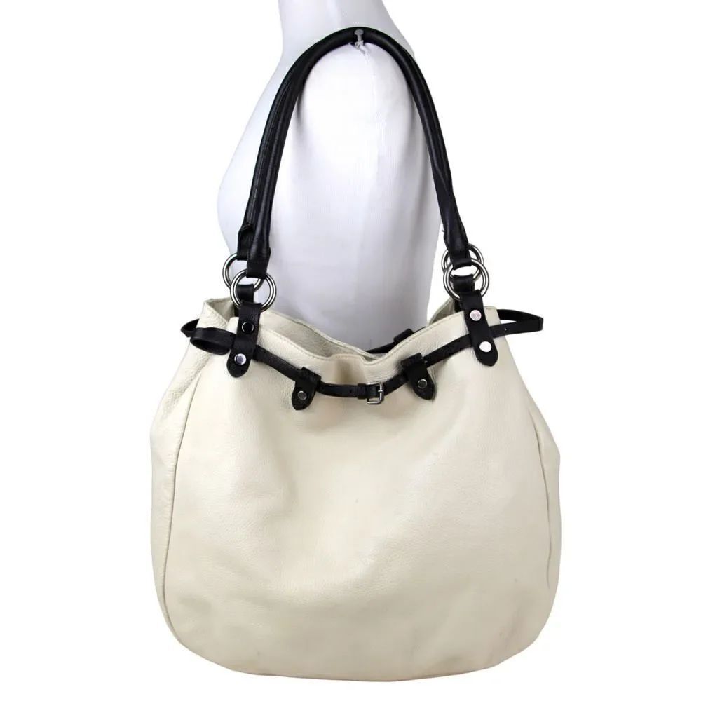 Maurizio Taiuti BEIGE GENUINE LEATHER BLACK TRIM SHOULDER BAG HOBO HANDBAG PURSE